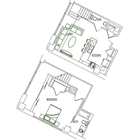 Floor plan for 1 bed, 1 bath, 688 sqft